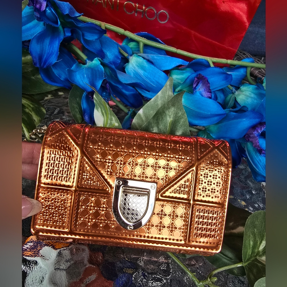 Authentic Christian Dior Diorama Metallic Copper Or Orange Trifold Short Wallet